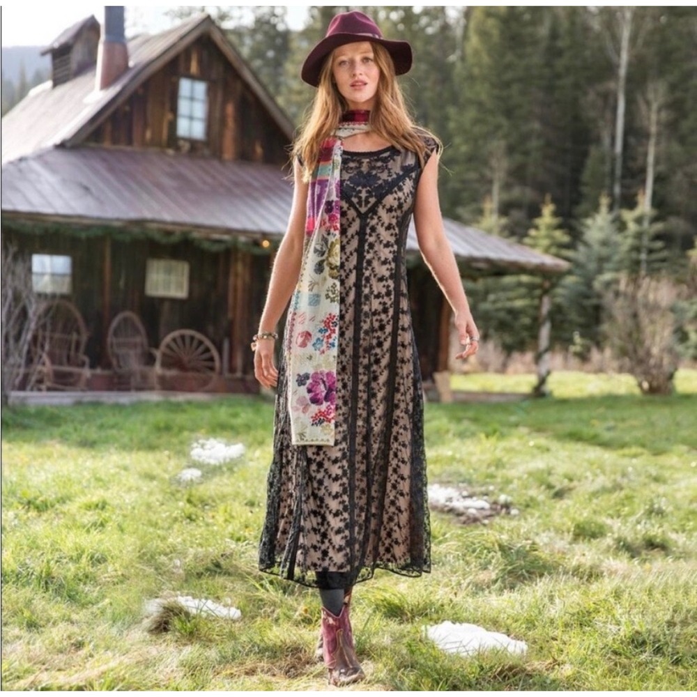 Sundance Black Floral Lace Sleeveless Midi Dress Sheer Yoke Romantic, Women's 8
